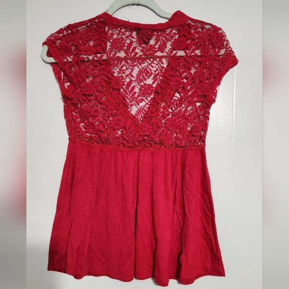 Red Lace V-Neck Babydoll Top - Sheer bust flowy blouse - Size small - Picture 4 of 8